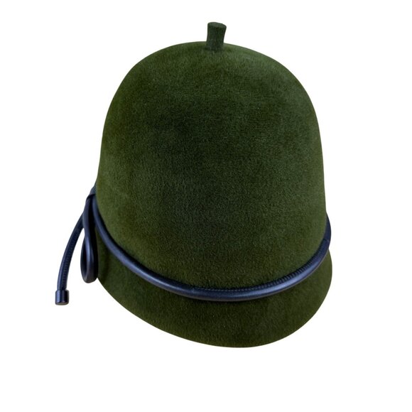 Womens Green Wool Cloche Hat With Black Leather Bow Accent - Picture 10 of 11